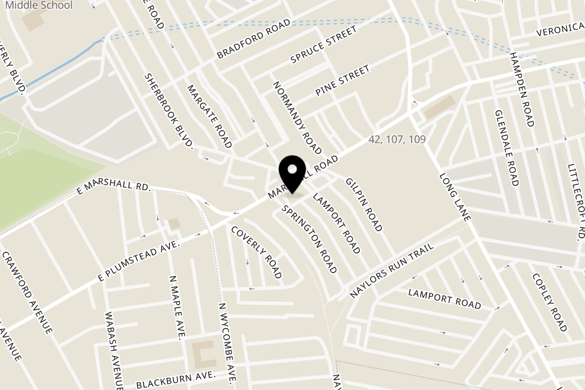 Map showing the location of Tastes Of The Caribbean on 7302 Marshall Rd in Upper Darby Township